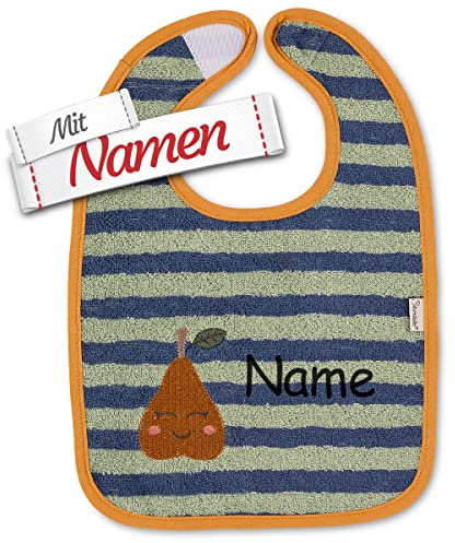 Sterntaler Lätzchen mit Namen bestickt, Baby & Kleinkind Spucktuch, Junge Klettlätzchen Halstuch/Babylätzchen personalisiert als Geschenk zur Geburt, Birne Blau Grün Gestreift