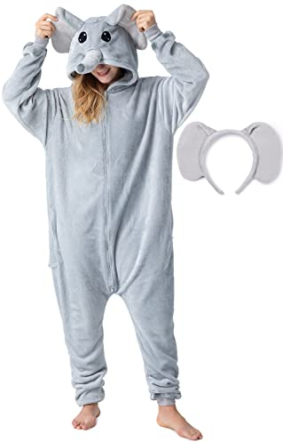 corimori Flauschiges Elefanten-Kostüm für Erwachsene mit Haarreif | Karneval Kostüm Onesie für Damen, Herren | Körpergröße 170-180cm