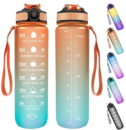 Sports Water Bottle with Motivational Time Marker & Straw, 1L Leakproof Drink Bottles with BPA Free Tritan Non-Toxic Plastic, Ideal for School,Cycling,Gym,Camping (Orange Green)