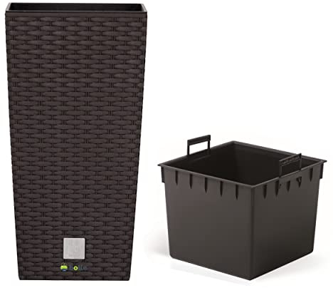 Blumenkübel 49 L Rattan-Optik Umbra Dunkel Braun Pflanzkübel h. 61 cm mit Innenkasten 21 L quadratisch Übertopf aus Kunststoff