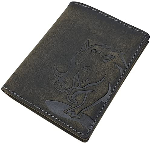 Cuir de Buffle Porte-Monnaie avec Sanglier Motif avec Blocage RFID et NFC (Modéle 1 / Format en Hauteur/Gris Vintage)