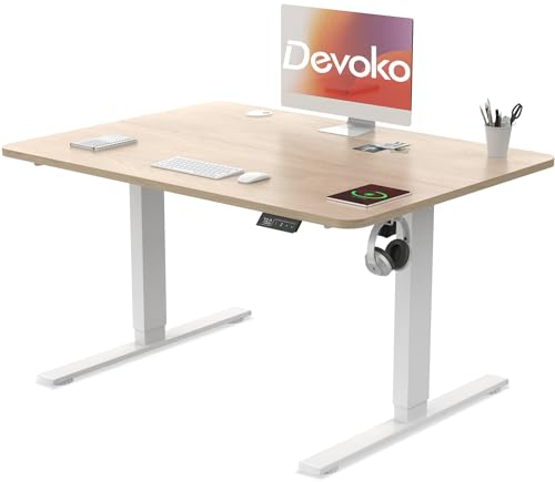 Devoko Electric Standing Desk 100x60cm Sit Stand Table Height Adjustable Desk with Backpack Hook and Memory Smart Pannel, Home Office Table with Splice Board, Beige