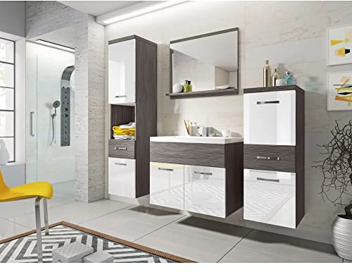 MINIO go for it - Ensemble Meubles de Salle de Bain 4 Pièces Alo, 2X Armoire Salle de Bain, 1x Miroir Salle de Bain avec Étagère, 1x Meuble avec Lavabo - Pin Bodega/Blanc Brillant