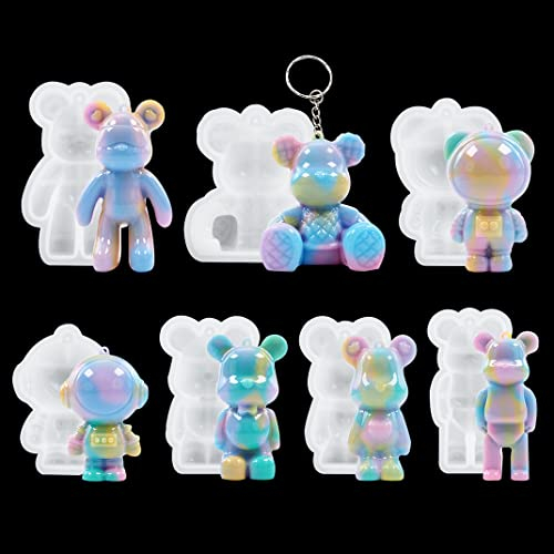 DIYBravo 7 Pièces Moules Résine Ours Astronaute Moules époxy en Silicone Porte-clés Moules de Cartoon de Moulage de Bijoux Pendentif Artisanat Décoration Voiture