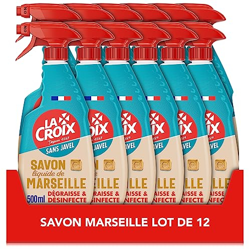 LA CROIX - Spray Au Savon De Marseille - Nettoyant Ménager Sans Javel - Dégraisse & Désinfecte Jusqu'à 99,99% des Bactéries -Lot De 12 x 500 ml