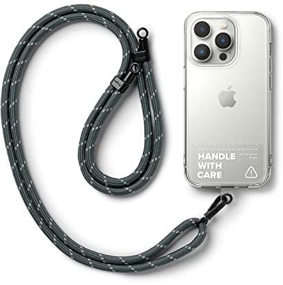 Ringke Holder Link Strap with Clear TPU Tag, Adjustable Crossbody Polyester Rope Lanyard Compatible with Universal Smartphone Case - Charcoal & Gray