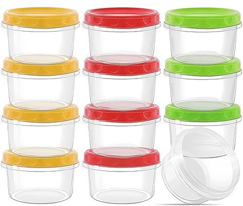 PALUDO 12 Pack 8 oz Reusable Plastic Food Container with Lids, Deli Containers Stackable Food Storage Jars, Dishwasher & Microwave & Freezer Safe (Red/Green/Yellow)
