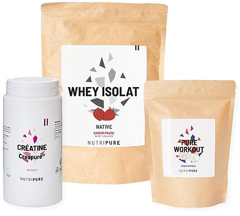 Nutripure | Pack Prise de Muscles | Whey Isolate Native + Créatine Monohydrate Gélules + Pre Workout (EAA, BCAA) | Idéal pour Musculation, Prise de Masse Musculaire, Fatigue Musculaire | Goût Fraise