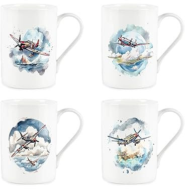 Purely Home Vintage Planes Mugs - Bone China Gift WW2 Fighter Jets Aviation Tea/Coffee Cups Set of 4