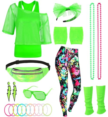 80er 90er Jahre Outfit Damen Netzshirt, Tank top, Leggins, Netzhandschuhe, Bauchtasche, Haarband, Ohrring, Armband, Halskette, 80iger Kostüm Zubehör Neon Kleidung 80s Aerobic Bad Taste Outfit FR040M