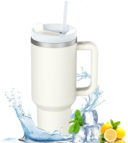 Favuit Thermobecher, 40oz Kaffeebecher to Go, Doppelwandiger Edelstahl Vakuum Isolierbecher, Tragbare Autobecher Travel Mug mit Deckel und Stroh für Kalte Heiße Getränke (Beige)