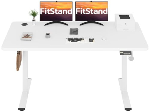 FitStand FQ1 140x60cm höhenverstellbarer Schreibtisch Electric Lift Desk mit Tischplatte, Stehpult, Lift Computertisch mit Haken, Kindersicherung, Memory-Funktion für Büro und Zuhause - Weiß