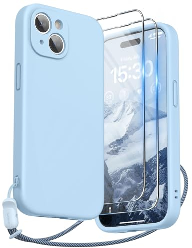 SURPHY kompatibel mit iPhone 15 Hülle Silikon mit Band & Displayschutzfolie 6,1 2023, Handyhülle iPhone 15 Case mit Kameraschutz, iPhone 15 Schutzhülle, Hellblau