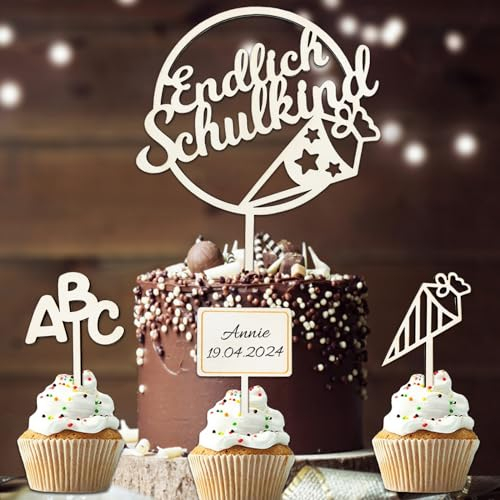 4 Stk Tortendeko Einschulung Holz, Endlich Schulkind Cake Topper Einschulung, Schultüte ABC Kuchendeko Schulanfang Schulkind 2024 Mädchen Junge Einschulung Deko