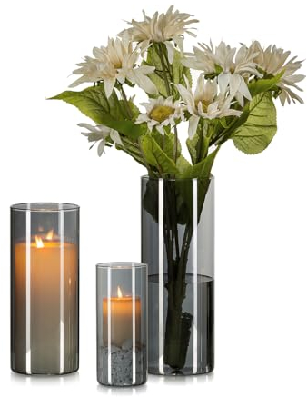 Hewory Vase Schwarz für Deko Wohnung: 3 Vasen Set Schick Blumenvase Modern Groß Glasvasen für Tischdeko - Schönes Glasvase Zylinder Windlicht Glas Schwarz Vase Grau für Geschenk Freundin Esstisch Deko