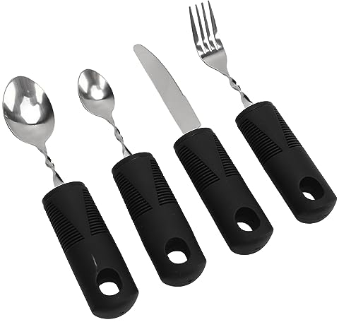 WPKD BLUEIY 4 piezas Cubiertos Agarre,Fácil Juego de Cubiertos,Tenedores y Cucharas con Peso y Mango,Cucharas y Tenedores Adaptativos de Acero Inoxidable para Temblores de la Mano (Negro)