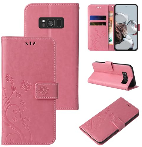 LBH Handy Hülle für Samsung Galaxy S8 Case Handytasche Schmetterling Blumen Flower Standfunktion Schutzhülle Magnet Rundum Schutz 360 Grad Flipcase Cover Rosegold