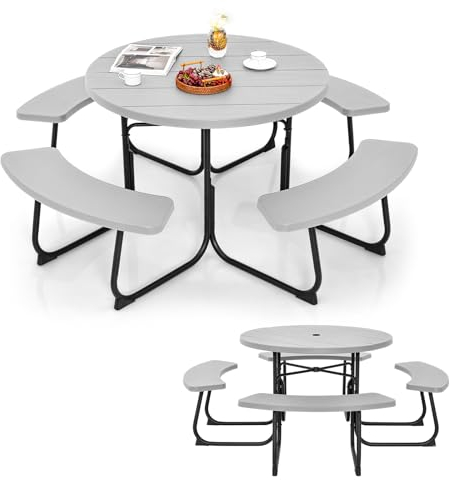 KOMFOTTEU Ensemble de Table de Pique-Nique pour 8 Personnes, 4 Sièges, Table d’Extérieur Ronde avec Trou pour Parasol, Meuble de Jardin en HDPE & Métal avec 4 Bancs,φ190 x 76 cm (Gris)