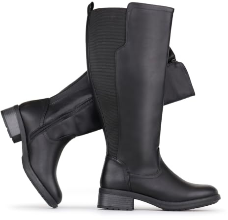 Chicblooms Bottes hautes pour femmes à mollet large, avec fermeture éclair latérale et empiècement extensible