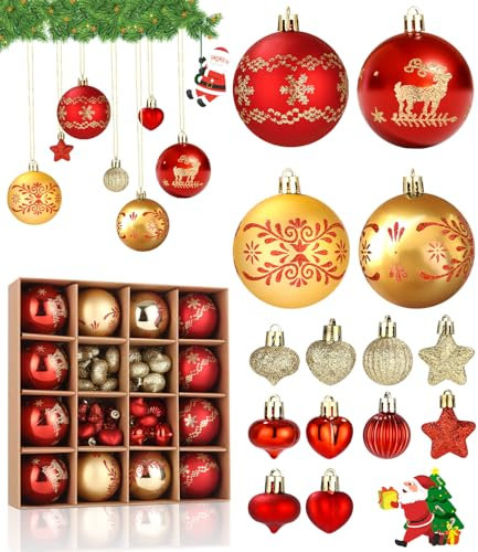 Yulado Weihnachtskugeln, 52 PCS Weihnachtskugel Ornamente, Premium Kunststoff Christbaumkugeln, Weihnachtsbaum Dekoration Set, für Weihnachtsbäume, Girlanden, Haus Dekoration Weihnachtsdeko(Gold,Rot)