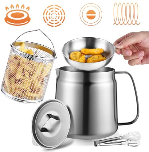 68oz Stainless Steel Oil Filter Pot, Multifunctional 2 in 1 Oil Strainer Pot for Camping, Large Capacity Bacon Grease Saver with Strainer, Kitchen Cooking Oil Container, Mini Deep Fryer with Basket
