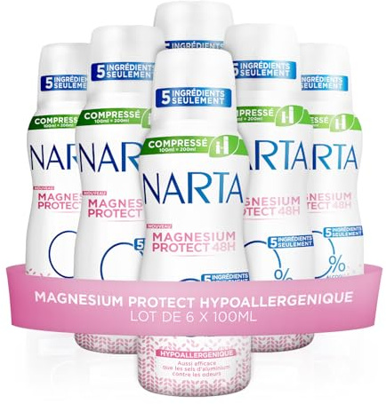 Narta Déodorant Spray Compressé Magnésium Protect 48H Lot de 6 x 100ml | 5 ingrédients, Sans alcool, Sans anti-transpirant synthétique, Testé peau sensible, Hypoallergénique