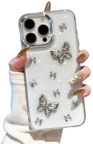 EYZUTAK Case for iPhone 15 Pro, Cute Bling Glitter 3D Bow Butterflies Case | Sparkly Crystal Clear Phone Cover, Bow Aesthetic Design, Slim Soft Durable TPU Transparent Protective Cover, for Women Girls