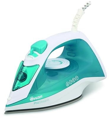Swan SI12052AQ Steam Iron with Ceramic Soleplate, Pro Steam Technology, Anti-Calc, Anti-Drip, Adjustable Temperature Dial, 2200W, White and Aqua