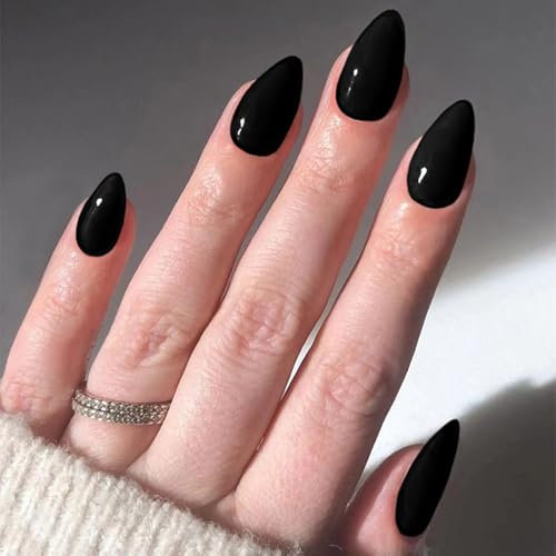 30 Black Almond Press On Nails - Long False Nails with Adhesive - Artificial Nail Tips, Easy DIY Nail Art, Almond Shaped Press On