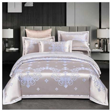 MOVDARL Parure de lit jacquard de luxe motif floral gris rose confortable haut de gamme brodé taie d'oreiller drap plat Queen King Size (style 2, drap de lit plat_king)