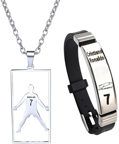 Fußball Kette, R onaldo Fanartikel 2er Set mit Armband und Halskette, R onaldo Accessoires für Fußballfans, Fußball Armband und Plattenkette als Geschenk für Jungen