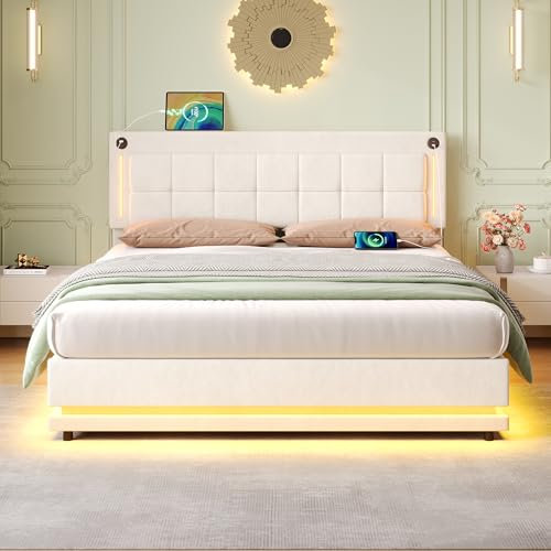 Upholstered Bed Frame with Hydraulic Lift & LED Adjustable Headboard, 5ft King Size Bed Frame with LED Lighting & Charging Station, Velvet Fabric Functional Ottoman Storage Beds, Beige, No Mattress