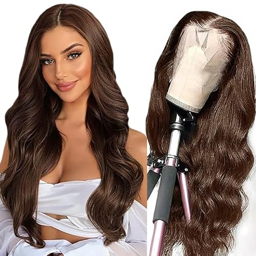 Salharer Echthaar Perücke für Damen Perücken Body Wave Human Hair Wig 13x1 Lace Front Wig Perücken Echthaar mit Babyhaar T Part Chocolate Brown Color 26 Inch