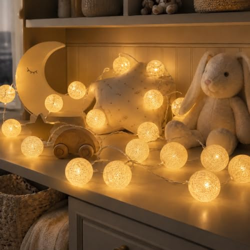 Cotton Ball Lichterkette,1,5M 10 LED Lichterkette Kugeln Batterie,6cm Baumwollkugeln lichterkette,Durchmesser lichterketten Kugeln für Kinderzimmer,Schlafzimmer,Hochzeit,Weihnachten,Party Deko