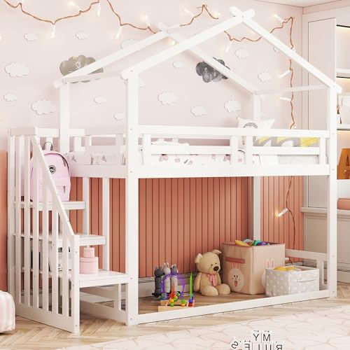 Niedriges Etagenbett 90x200 cm mit Streppe Rausfallschutz Hausbett Massivholz Lattenrost Hochbett Platzsparend Gästebett Ohne Matratze Weiß