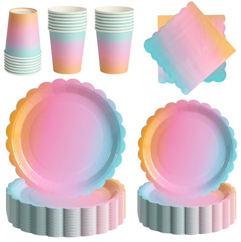 PYAILI Regenbogenfarben Partygeschirr Party Pappteller Set für 24 Gäste | 96 Stück Papier Teller mit Blumenmuster Pappbecher Servietten für Geburtstag, Muttertag, Babyparty, Bridgerton, Teeparty
