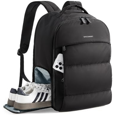 bagsmart 15.6 Laptop Backpackfor Women, 30L Travel Backpack,Carry on Bag for Airplanes, Puffer Gym Backpack with Shoe Compartment, Lightweight, Water-Resistan