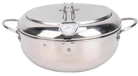 Eujgoov Fritteusentopf 3,2 L Edelstahl für Pommes Hähnchen Zuhause | Ölablass und Thermometer, induktionskompatibel, hochglanzpoliert