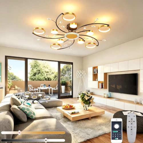 Moderne dimmbare LED-Deckenleuchte,Schwarz-Goldene Halbeinbau-Kronleuchter | mit Fernbedienung,11 Köpfe 88W 3000K-6000K einstellbare Deckenlampe fixtures für Wohnzimmer Schlafzimmer Esszimmer