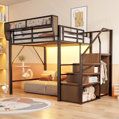 Merax Hochbett 140x200 cm mit LED-Lichtleiste, Sicherheitsleiter & flexiblem Stauraum, Erwachsenenbett aus Metall, platzsparendes Etagenbett für Kinder & Erwachsene, Schwarz (ohne Matratze)
