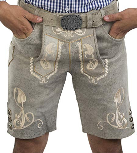Herren Bergkristall helle/graue Lederhose kurz - inkl. Wappen Trachtengürtel - Trachten Lederhose Vintage mit Gürtel (60, grau)