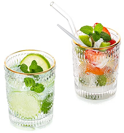 Water Glasses Drinking 300ML Gold Rim Vintage Tumblers Glass Set of 2 Tall Highball Glass for Juice Coffee Tea for Party, Bar
