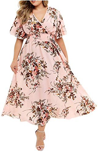 RIKAY Womens Plus Size Maxi Dress Floral Printed Chiffon Swing Dresses Ladiess Fashion Holiday Summer Short Sleeve Party Beach Vacation Vintage Dress UK Size 20 22 24 26 Pink