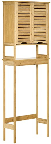 kleankin Étagère de Toilettes Meuble de Salle de Bain Dessus Toilette WC avec Placard 2 Portes et étagère Ouverte 60 x 23 x 173 cm Bambou