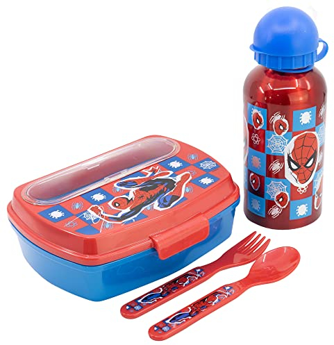 Set de botella de aluminio de 400 ml y fiambrera con cubiertos de Spider-man