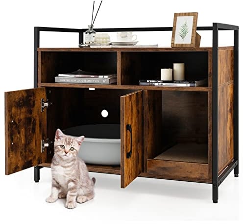 GYMAX Hidden Kitty Litter Box Enclosure, Wooden Washroom Storage Cabinet Nightstand Side Table with Scratching Board and Shelves, Cat House Pet Crate for Kitten & Large Cat (Coffee)