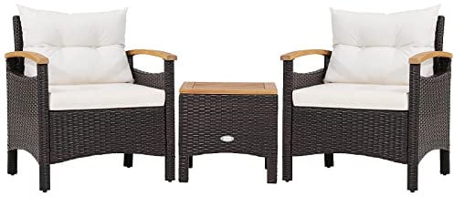 COSTWAY 3-Piece Rattan Bistro Set, Patio Sofa Set Garden Table and Chairs with Cushions, Outdoor Furniture Acacia Wood Wicker Conservatory Set for Balcony Backyard Poolside (White)