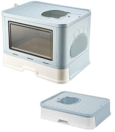SHISHI Bac à Litière pour Chat Fermée, Grande Maison de Toilette Chat Pliable avec Couvercle, Tiroir à Litière avec Pelle et Brosse Massage, WC pour Chats, Jusqu'à 7 kg (Bleu L 48,5×38×36,5 cm)