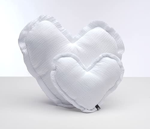 von Herzen Handmade Musselinkissen aus 100% Baumwolle Kuschelkissen I Dekokissen auf Musselin in Herzform I Herzkissen für Sofa & Bett I Handgenähtes Kissen mit Watte gefüllt (Groß (Ø ca. 32cm), Weiß)