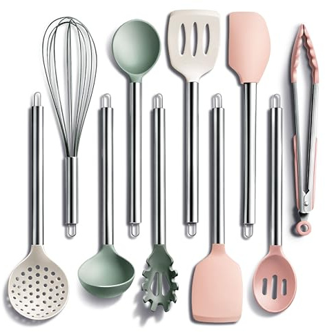 COOK WITH COLOR Silicone Cooking Utensils, 10 Pc Kitchen Utensil Set, Easy to Clean Silicone Kitchen Utensils, Cooking Utensils for Nonstick Cookware, Kitchen Gadgets Set (Mint)